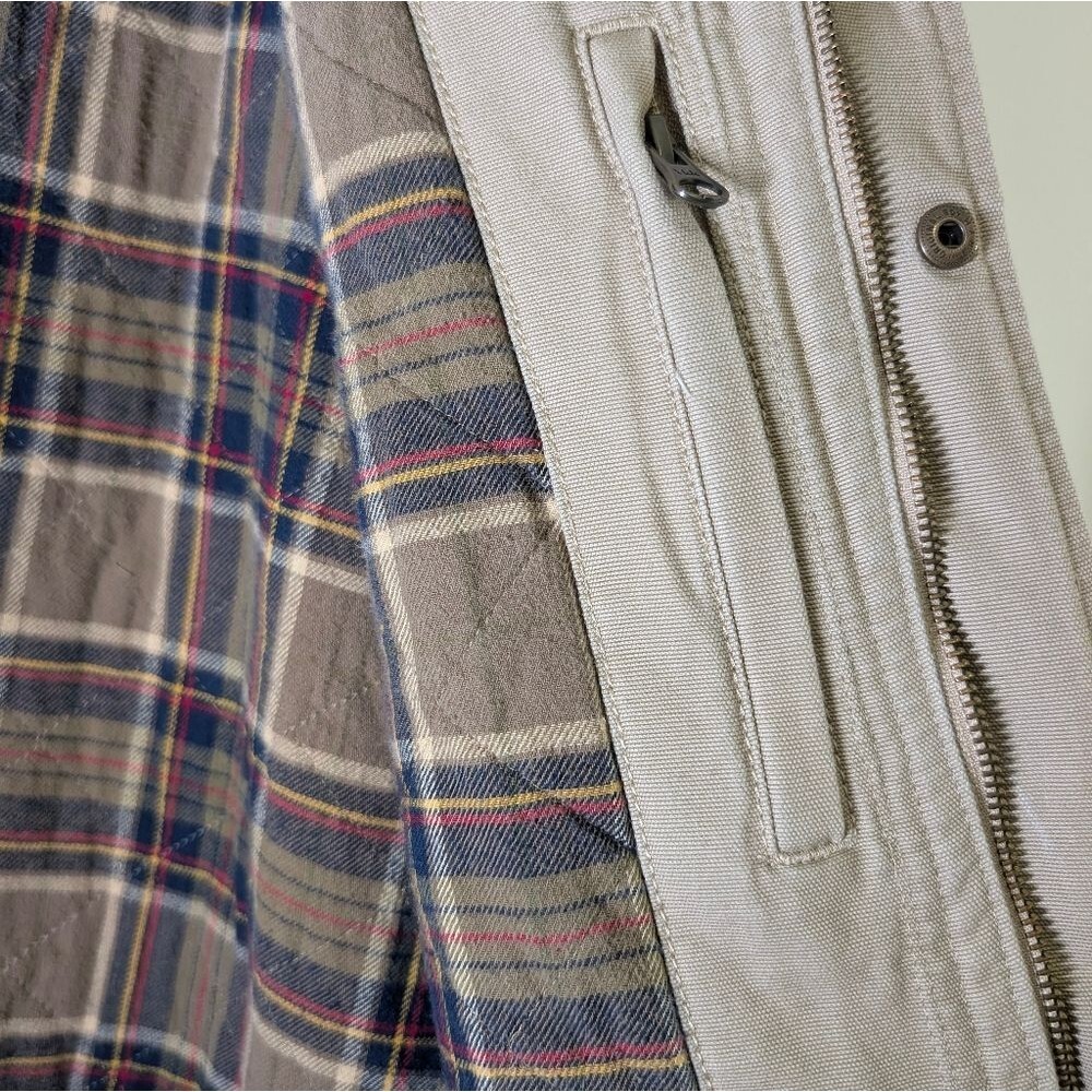 Vintage 90s Lands End Barn Jacket XL Tan Canvas Plaid Lined Chore Coat Dadcore - Picture 11 of 16